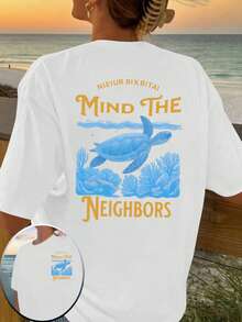 SHEIN EZwear Summer Ocean Elements Turtle Slogan Loose Printed Women's T-Shirt - White - View 4