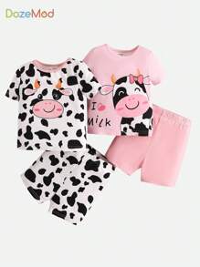 Set de pijama de verano para bebé niña, 4 piezas de ajuste cómodo, bonito patrón de vaca, camiseta y pantalones cortos de manga corta tejidos para el hogar - Rosa Pálido - Ver 1