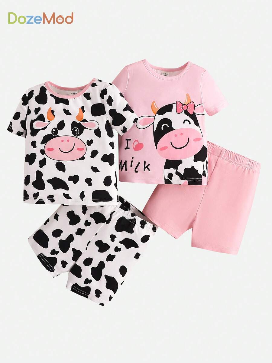 Set de pijama de verano para bebé niña, 4 piezas de ajuste cómodo, bonito patrón de vaca, camiseta y pantalones cortos de manga corta tejidos para el hogar - Rosa Pálido - Ver 1