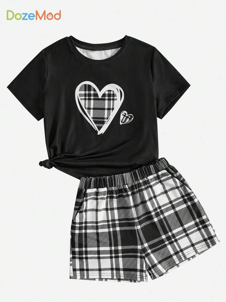 Young Girl Heart & Plaid Print PJ Set