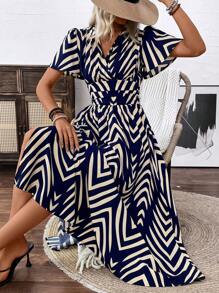 Breezaya Women's V-Neck Asymmetric Printed Tie-Dye Slit Short Sleeve Holiday Dress With Ruffled Sleeves