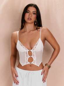 SHEIN BAE 女士純色簡約蕾絲裝飾日常上衣 - 白色 - 查看 7