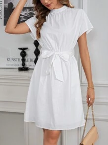 SHEIN Clasi Women's Summer White Elegant Sleeveless High Neck Tie Waist Short Romper Dress,Business Casual Teacher Outfits & Tea Party Clothes - White - View 5