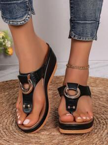 Sandalias de verano para mujer 2024, chanclas de tacón de cuña con suela gruesa de talla grande, zapatos de playa cómodos y antideslizantes con punta abierta - Negro - Ver 3