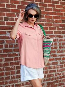 SHEIN LUNE 女款休閒夏季捲袖釦前襯衫 - 珊瑚粉 - 查看 3