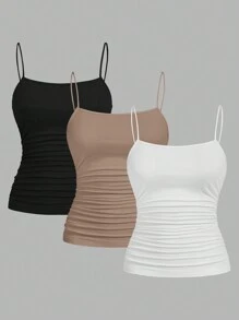 SHEIN EZwear 3pcs Women's Ruched Side Sleeveless Fitted Casual Camisole Spring