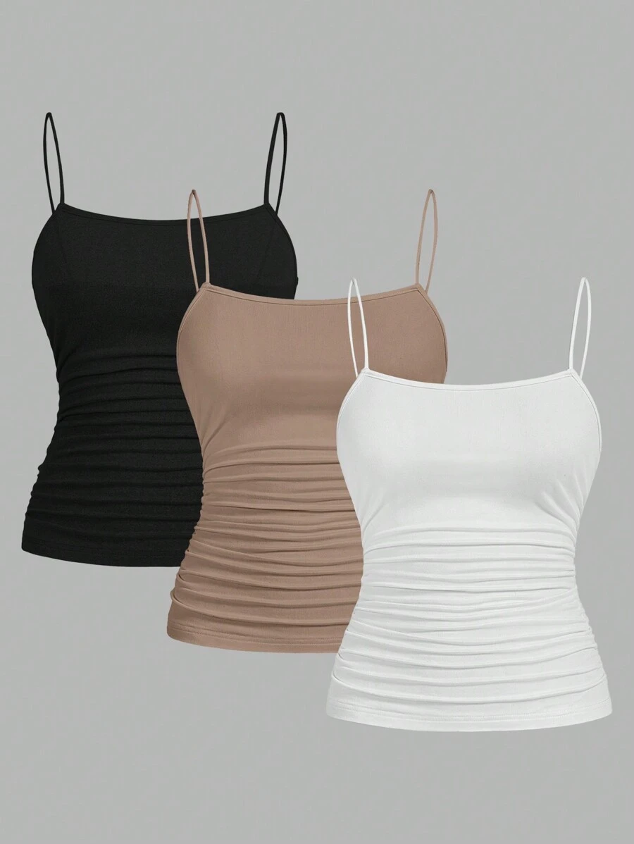 SHEIN EZwear 3pcs Women's Ruched Side Sleeveless Fitted Casual Camisole Spring