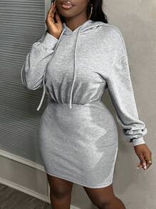 Slaydiva Vestido casual gris con capucha, corte ajustado y mangas largas con pliegues