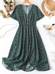 SHEIN Essnce Robe midi verte à fleurs décontractée pour les vacances d'été avec poches et col en V pour femme grande taille, vêtements d'été pour femmes, robe de courbes, vêtements pour enseignants, tenues de plage pour femmes - Bleu azur - Voir 1