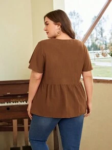 SHEIN LUNE 鉤針蝴蝶袖扣前襯衫 - 棕色 - 查看 2