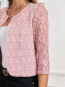 SHEIN Clasi Contrast Lace Open Front Jacket,Fall Clothes - Pink - View 4