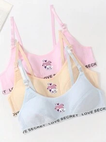 3pcs/Set Tween Girls ' Letter Cartoon Printed Cute Bralette - Wire-Free Bra Holiday Travel Releax Summer Clothes - Multicolor - View 3