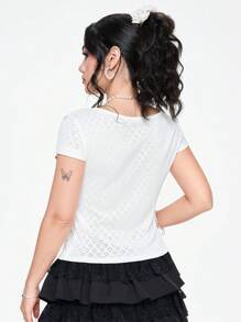 ROMWE Kawaii Áo thun nữ viền ren đáng yêu có nơ màu khối trang trí Slim Fit - trắng - Xem 3