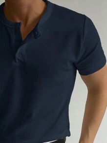 DAZY Men's Summer Solid Button Placket Short Sleeve Casual T-Shirt - Navy Blue - View 4