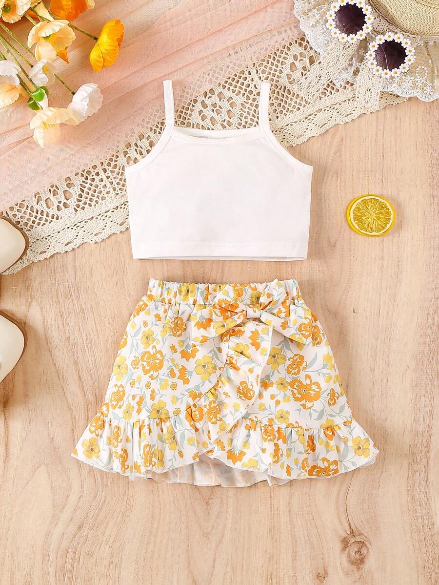 Top Halterneck e Saia com Estampa Floral e Babados para Bebê Menina com Nó Lateral - Branco - Visão 1