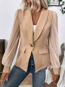 SHEIN LUNE Women's Khaki Mesh Splice Suit Jacket