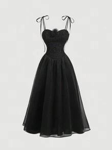 SHEIN MOD 黑色 3D 花卉复古宫廷提花欧根纱连衣裙返校服黑色连衣裙复古风格长裙秋装服装 - 黑色 - 查看 1