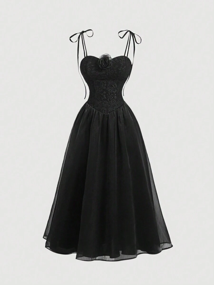 SHEIN MOD 黑色 3D 花卉复古宫廷提花欧根纱连衣裙返校服黑色连衣裙复古风格长裙秋装服装 - 黑色 - 查看 1