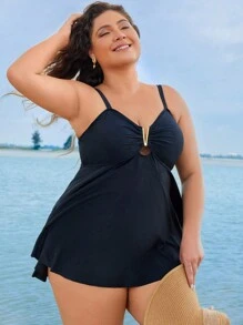 SHEIN Swim Curve Plus Size Summer Beach Solid Cami Swim Dress & Swim Bottom - Black - View 3