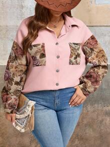 SHEIN VCAY Plus Size Pink Floral Print Pocketed Long Sleeve Shirt For Vacation And Leisure, Fall Women's Clothing, Teacher Shirts - Multicolor - View 6