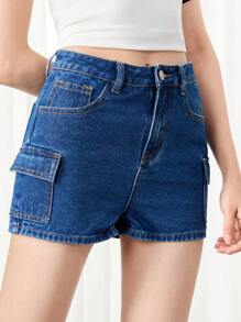 SHEIN Teen Girls Flap Pocket Denim Shorts - Dark Wash - View 5