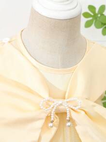 Baby Girls' Pale Yellow Summer Tropical Flower Girl Satin Round Neck Asymmetrical Dress With Big Bow,Beaded Accessories,Mesh Overlay Wedding Party - Apricot - View 4