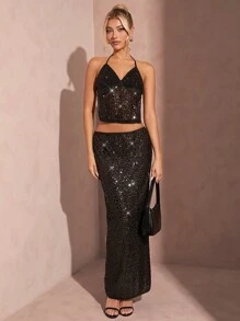 SHEIN BAE Sequin Crop Halter Top