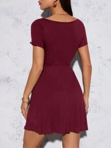 SHEIN PETITE Lettuce Trim Drawstring Knot Front Summer Women Outfit Black Dress