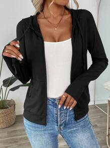 SHEIN LUNE 女士黑色户外健身休闲街头拉链修身长袖运动衫，秋冬季，长袖上衣 - 黑色 - 查看 3