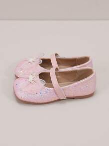 儿童时尚一推式钩环公主网眼闪光蝴蝶结休闲平底鞋 - 粉色 - 查看 4