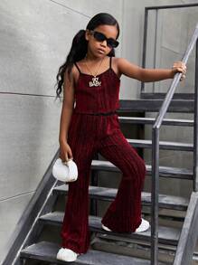 SHEIN Tween Girl Casual Fashionable Street Style College Holiday, Concise Texture Material Tank Top And Flared Pants Set - Multicolor - View 3