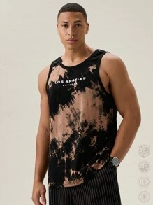 Manfinity RebelGame T-shirt senza maniche, con motivo tie-dye e stampa di lettere, girocollo, per tempo libero, abbigliamento per uscire e per il ritorno a scuola, regalo per il fidanzato, ritorno a scuola