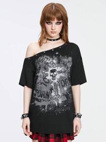 ROMWE Y2K Grunge Punk Spring/Summer Distressed Vintage Loose Drop Shoulder T-Shirt With Asymmetrical Neck, School - Black - View 6
