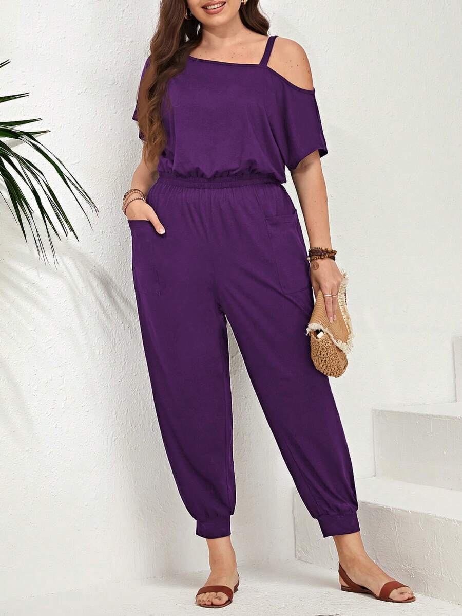 SHEIN LUNE Plus Asymmetrical Neck Slant Pocket Jumpsuit - Purple - View 1