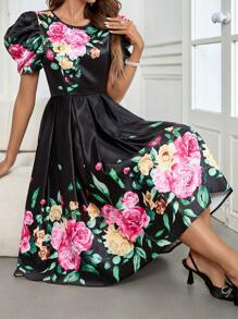 SHEIN Clasi Floral Print Gigot Sleeve Dress - Black - View 6