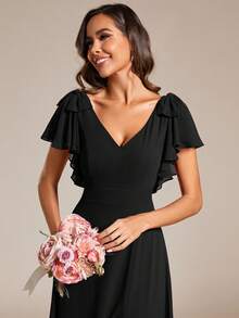 Chiffon Split Thigh Ruffle Trim Bow Shoulder Bridesmaid Dress Elegant Dress - Black - View 5