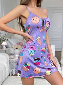 Camisón de pijama con gráficos de dibujos animados y lazo frontal