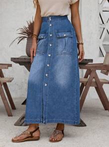 SHEIN LUNE High Waist Flap Pocket Denim Skirt