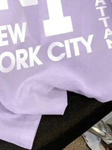 SHEIN 青少年女孩休闲简约英文图案宽松针织紫色 T 恤适合夏季返校 - 紫色 - 查看 5