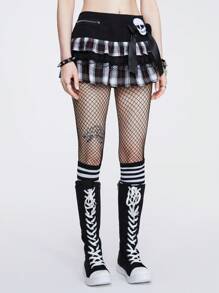 ROMWE Grunge Punk Váy mini kẻ caro phong cách Punk đầu lâu và nơ Y2K cho nữ, eo thấp, đi học - Nhiều màu - Xem 3