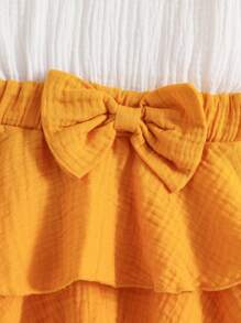 2pcs Baby Girls' Cute Color Block Dress With Bowknot, Hairband And Ruffle Hem, Summer Outfits