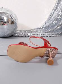 Women's Honeycomb Pattern High Heels, Pointed Toe Transparent Strap With Diamond Buckle, Back Ankle Buckle, Spring/Summer/Fall, Golden Chic Sandals - Red - View 9