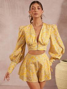SHEIN Unity Marble Gigot Sleeve Top & Shorts Two Pieces Set