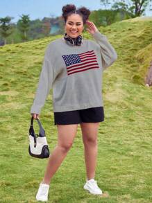 SHEIN CURVE+ 美式圖案下垂肩毛衣+ - 灰色 - 查看 4