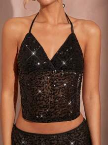 SHEIN BAE Sequin Crop Halter Top