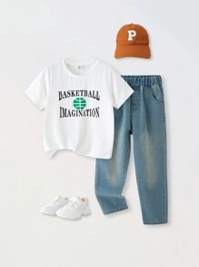 SHEIN 2入組男孩休閒簡約英文字印花圓領T恤和牛仔褲套裝，適合旅行，適用於春/夏/秋季 - 白色 - 查看 1