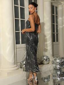 Spaghetti Strap Sequin Tassel Fringe Fitted Maxi Slip Dress Elegant Prom Semi Formal Wedding Guest Dress, For Birthday, Graduation, Homecoming - Black - View 4