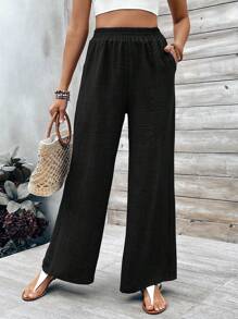 Chiquease Solid Wide Leg Pants For Summer Vacation Fall Cloth For Women - Black - View 3