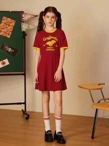 HARRY POTTER X SHEIN Vestido Casual Vermelho de Manga Curta com Gola Contrastante com Letra e Estampa de Leão para Garotas Adolescentes