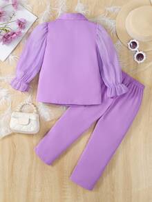 SHEIN 2 piezas Conjunto elegante de niña con chaqueta blazer de manga abullonada decorada con flecos con cuentas y pantalones rectos, adecuado para fiestas, uso diario, ropa de calle y festivales, temporada de primavera y otoño. Usa este conjunto y muestra tu elegancia y confianza, convirtiéndote en la niña talla grande llamativa. - Morado - Ver 2